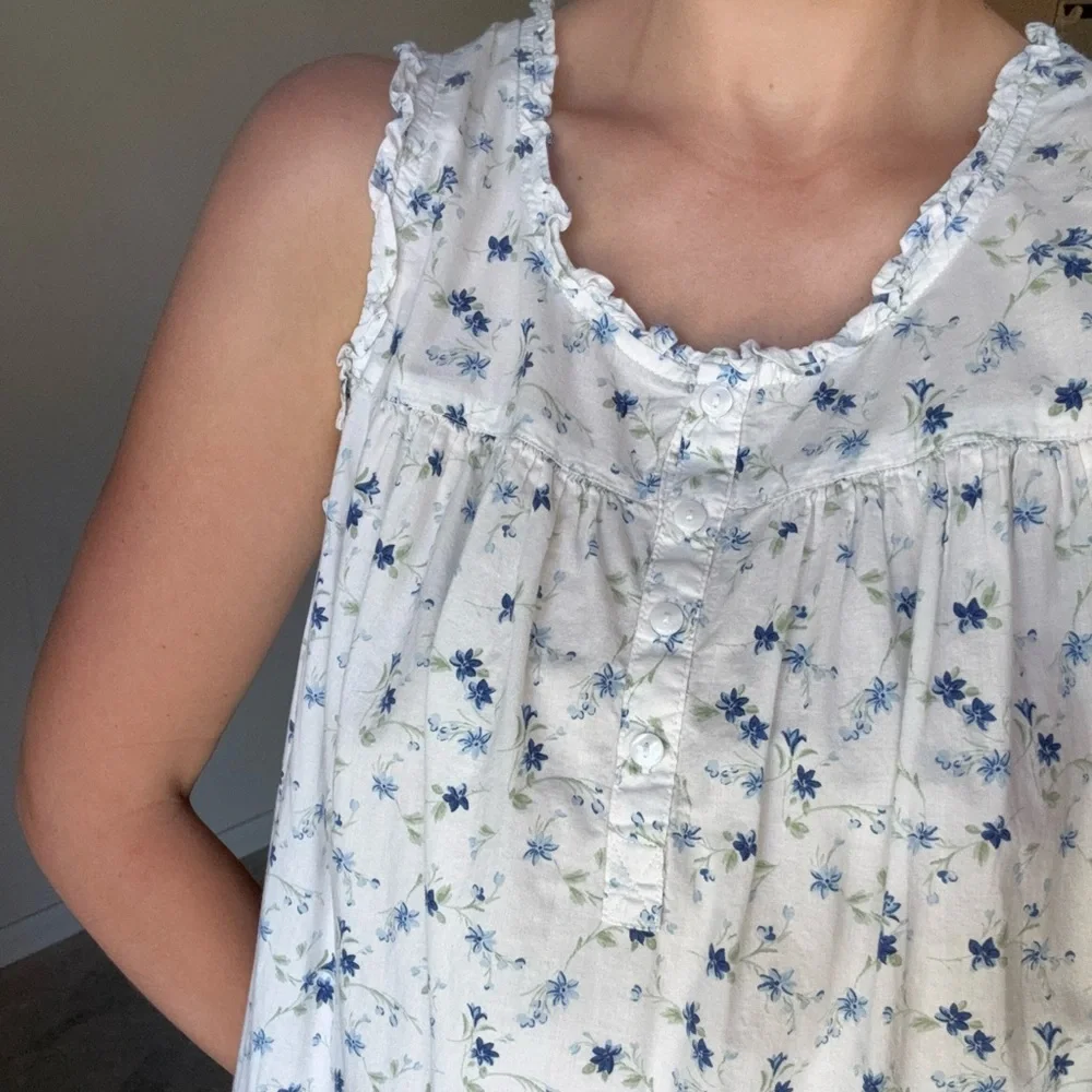 Vintage Adonna 100% Cotton Nightgown Style White Floral Sleeveless Dress Medium - Picture 10 of 10